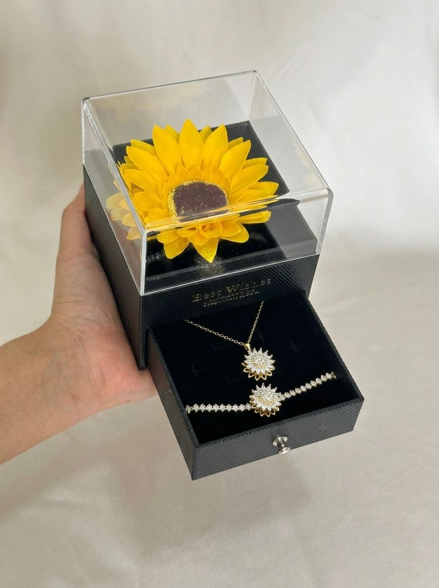 SET GIRASOL: COLLAR + PULSERA Y CAJA