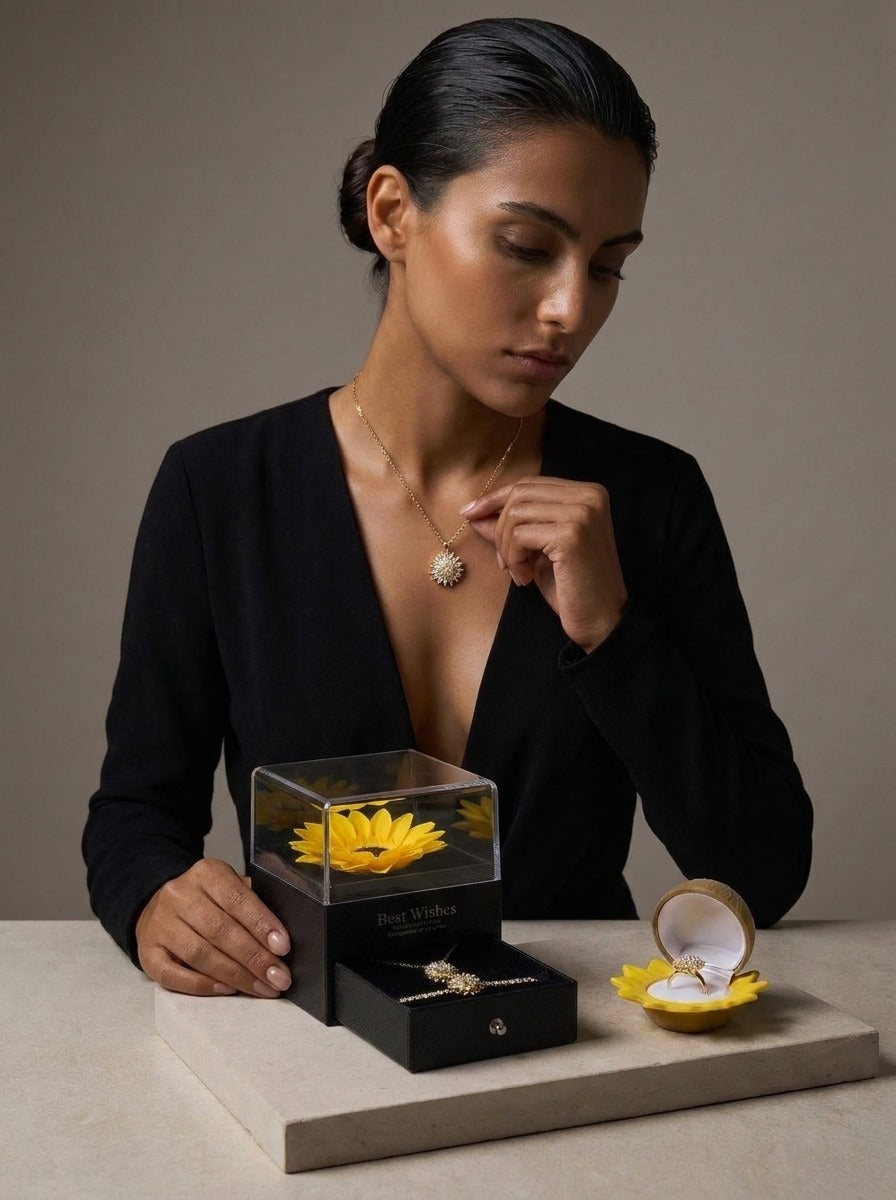 SET GIRASOL: COLLAR + PULSERA Y CAJA